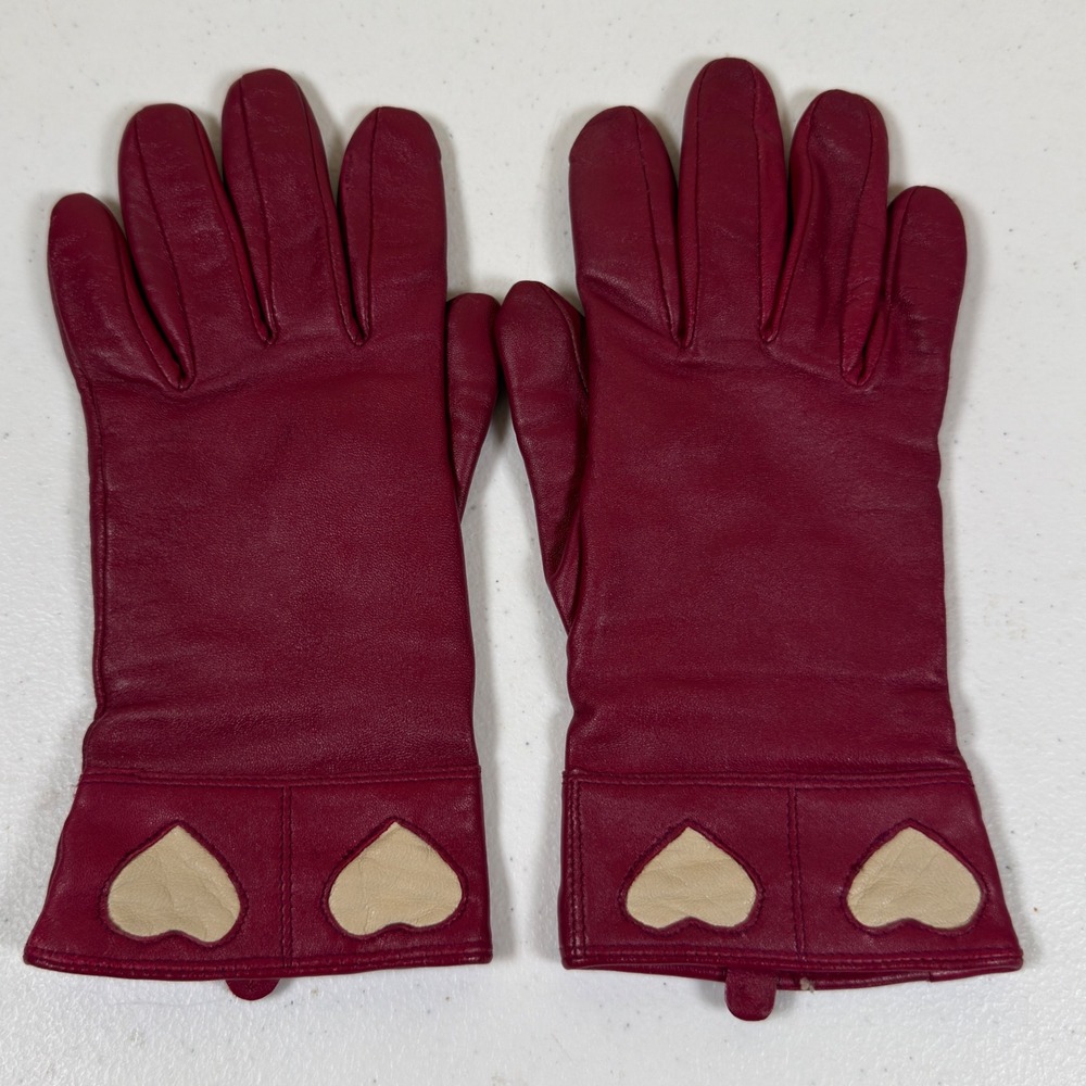 Carole Little Burgundy Leather Gloves Women Large Heart Applique Knit Lined Red
